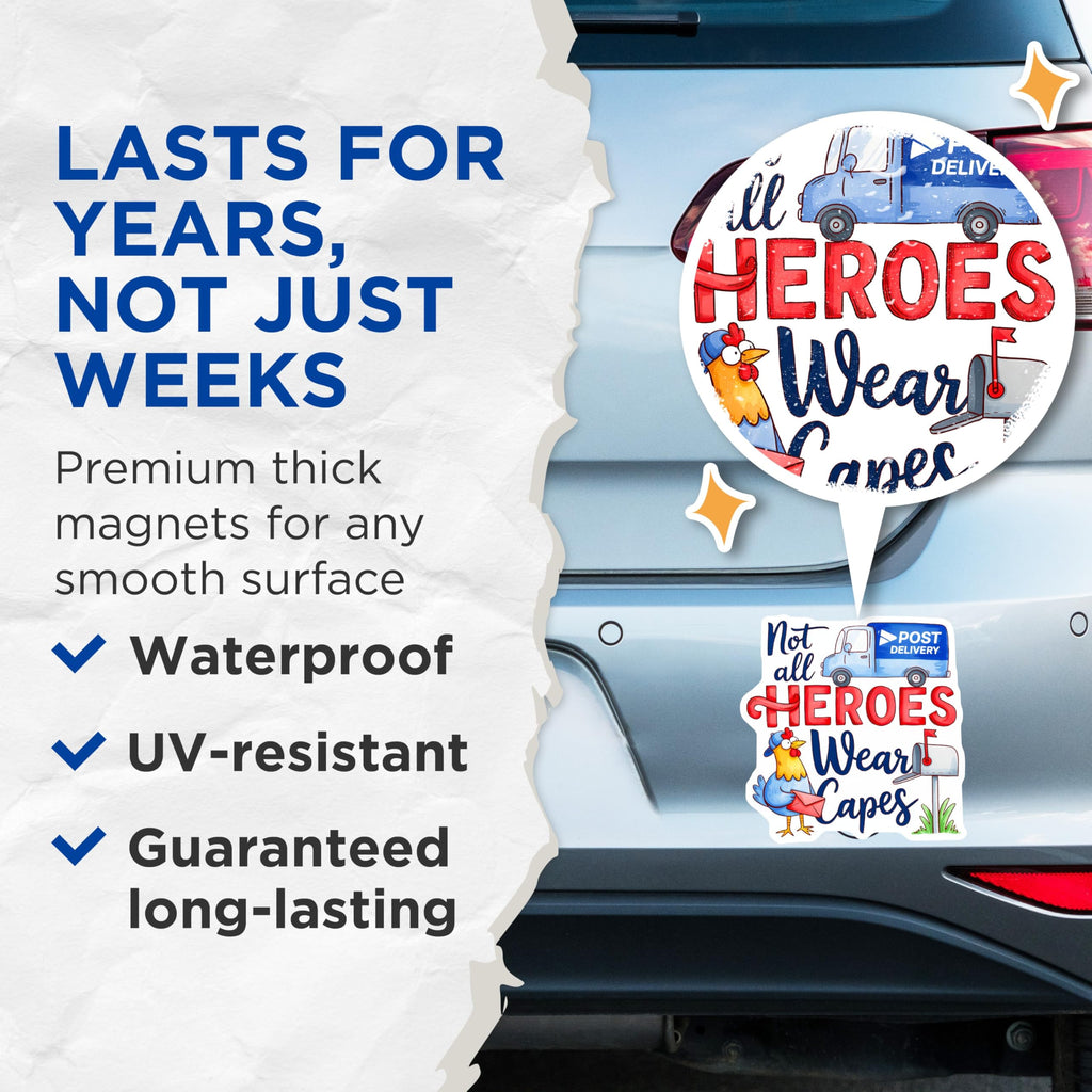 (2 Pack) Not All Heroes Wear Capes Magnets - Mail Carrier Appreciation - Postal Worker Thank You Gift - 5 Inches On Longest Side - Thick Durable Magnet - Made in USA - MAG30392