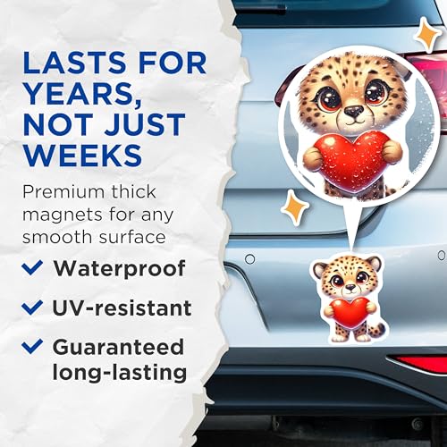 (2 Pack) Cute Animal Magnets - Cheetah Holding Heart - Refrigerator - Office and Locker Accessories - 5" On Longest Side - for Cars, Fridges, Toolboxes - Made in USA - MAG3645