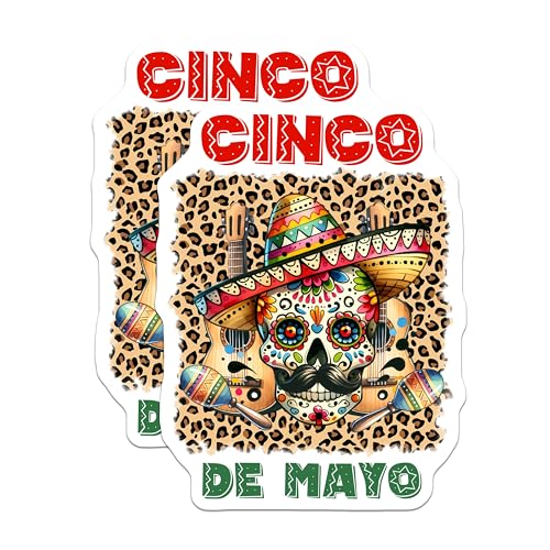 (2 Pack) Cinco de Mayo Skull Stickers - Mexican Holiday - Sugar Skull - Fiesta Decor - Cinco De Mayo Party - 5" On Longest Side - Sticks to Smooth Flat Surfaces - Made in USA - BMCS8227