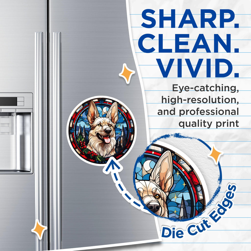 (2 Pack) White German Shepherd Magnets - Stained Glass Dog Art - Christmas Holiday Decor - 5 Inches On Longest Side - Thick Durable Magnet - Made in USA - MAG24581