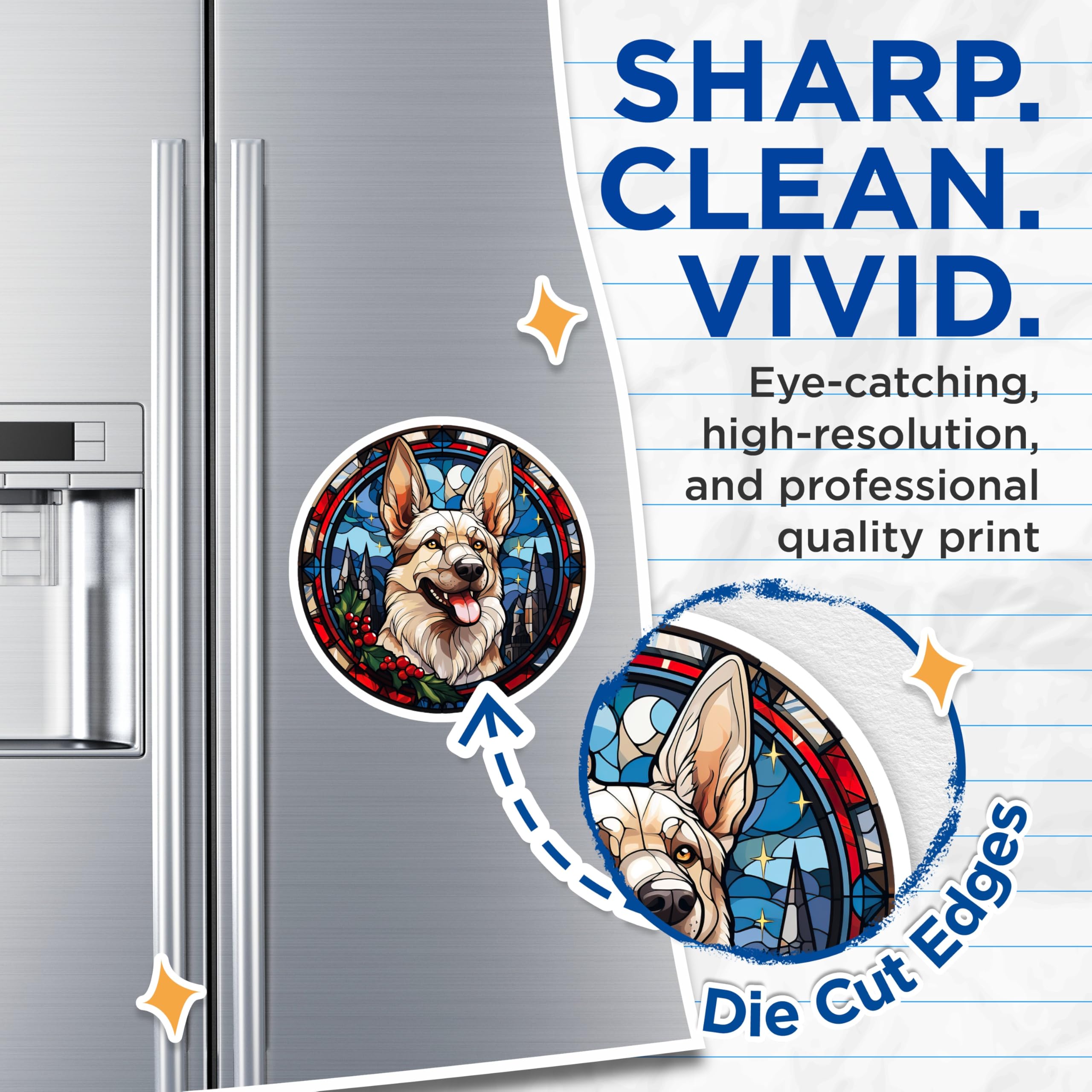 (2 Pack) White German Shepherd Magnets - Stained Glass Dog Art - Christmas Holiday Decor - 5 Inches On Longest Side - Thick Durable Magnet - Made in USA - MAG24581