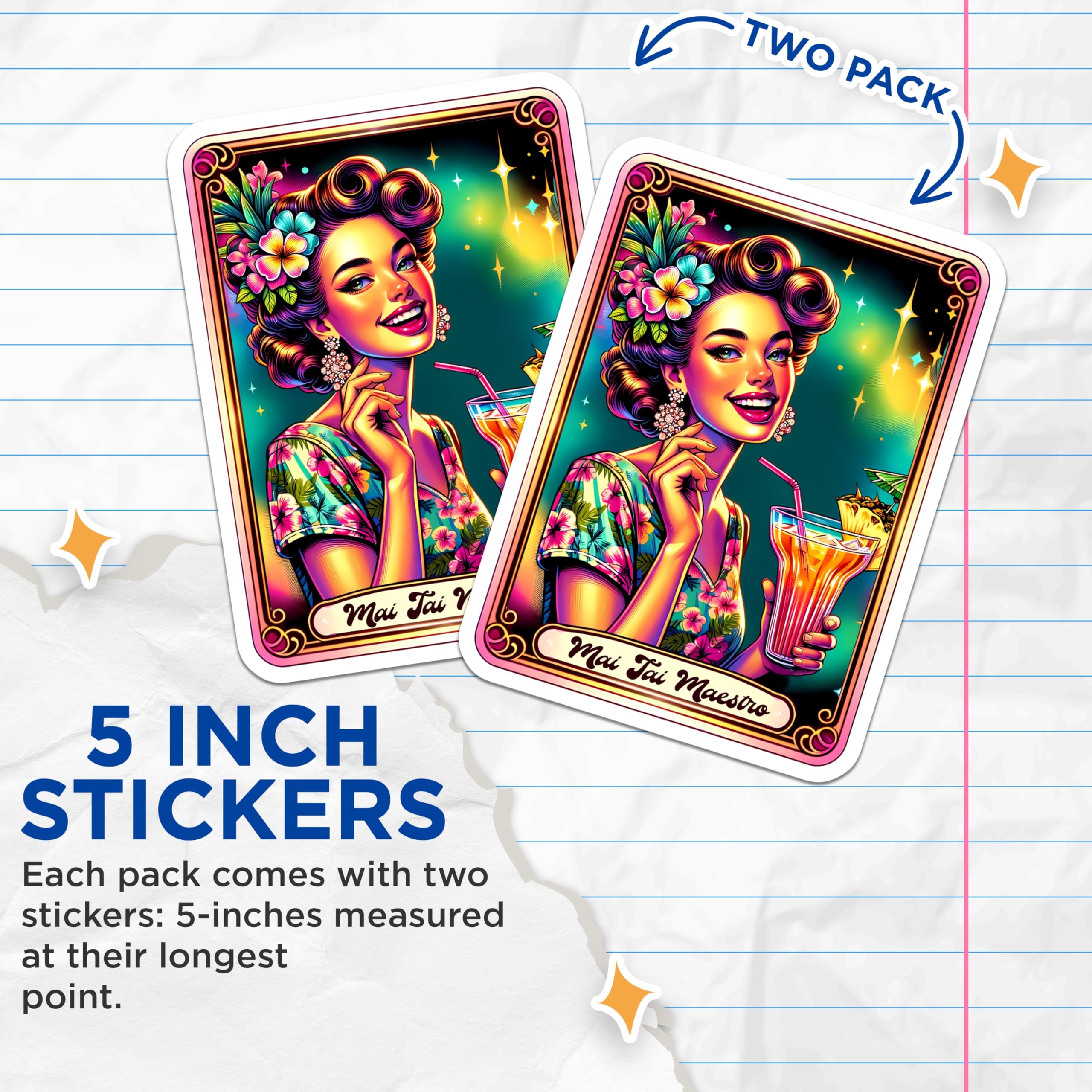 (2 Pack) Mai Tai Maestro Stickers - Pin Up Girl Art - Retro Tiki Bar Decor - 5" On Longest Side - Sticks to Smooth Flat Surfaces - Made in USA - BMCS21580
