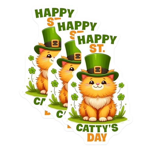 (3 Pack) St. Catty's Day Decals - Lucky Cat - Shamrock Decals - 3 Inches On Longest Side - Easy Peel & Apply - Made in USA - 3MCS6865
