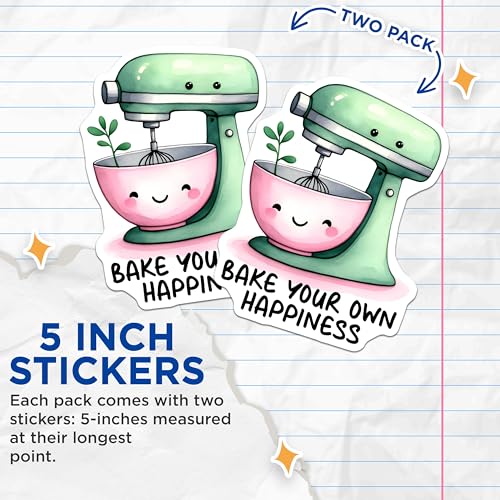 (2 Pack) Bake Your Own Happiness Stickers - Cute Mixer Kitchen - Whimsical Baking - 5" On Longest Side - Sticks to Smooth Flat Surfaces - Made in USA - BMCS7516