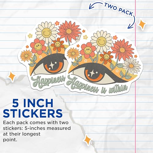 (2 Pack) Happiness is Within Stickers - Retro Floral Stickers - Positive Vinyl Decals - 5" On Longest Side - Sticks to Smooth Flat Surfaces - Made in USA - BMCS6189