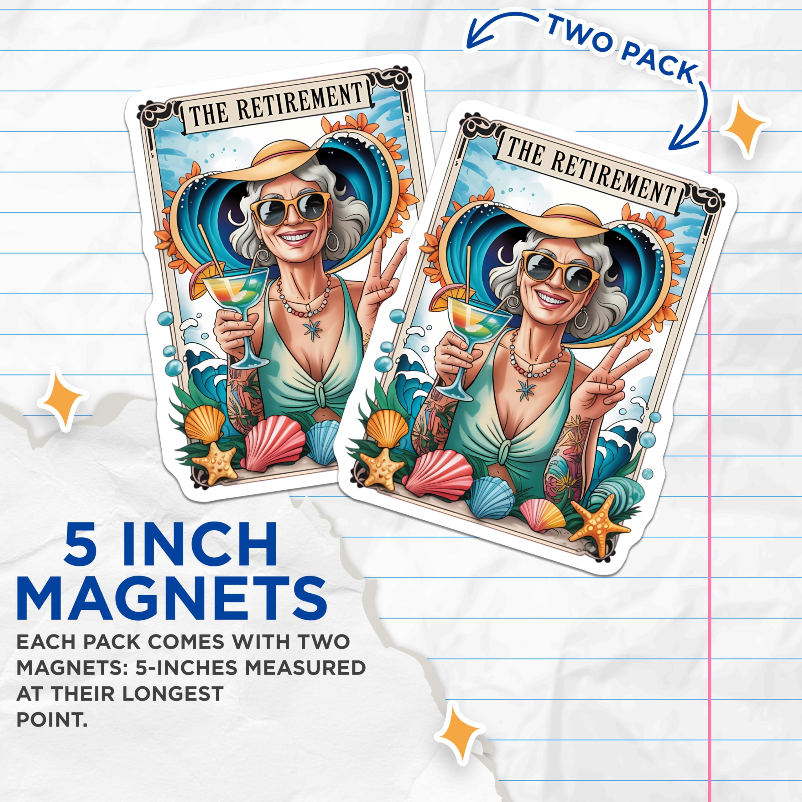 (2 Pack) Retirement Celebration Magnets for Women - Happy Retiree Beach Vacation Decor - Tropical Ocean Peace Sign Art - 5 Inches On Longest Side - Thick Durable Magnet - Made in USA - MAG21574