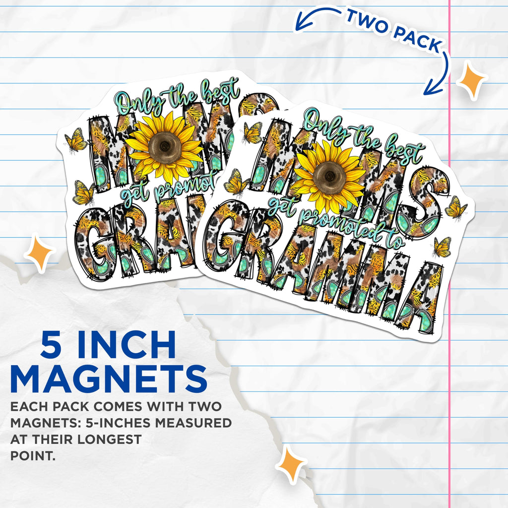 (2 Pack) Promoted to Grandma Magnets - Western Style Sunflower Cow Print - New Grandparent Announcement Mother's Day - 5 Inches On Longest Side - Thick Durable Magnet - Made in USA - MAG26855