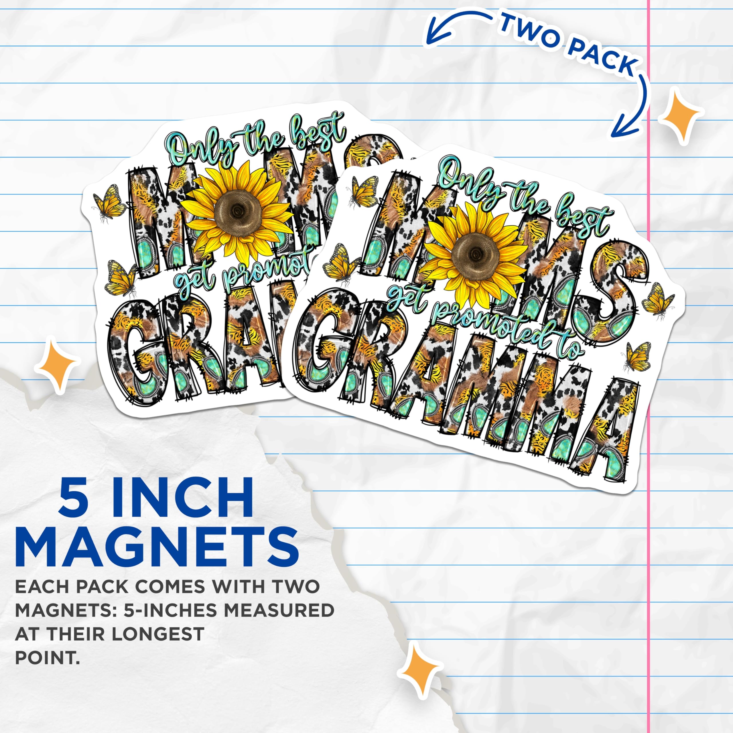 (2 Pack) Promoted to Grandma Magnets - Western Style Sunflower Cow Print - New Grandparent Announcement Mother's Day - 5 Inches On Longest Side - Thick Durable Magnet - Made in USA - MAG26855
