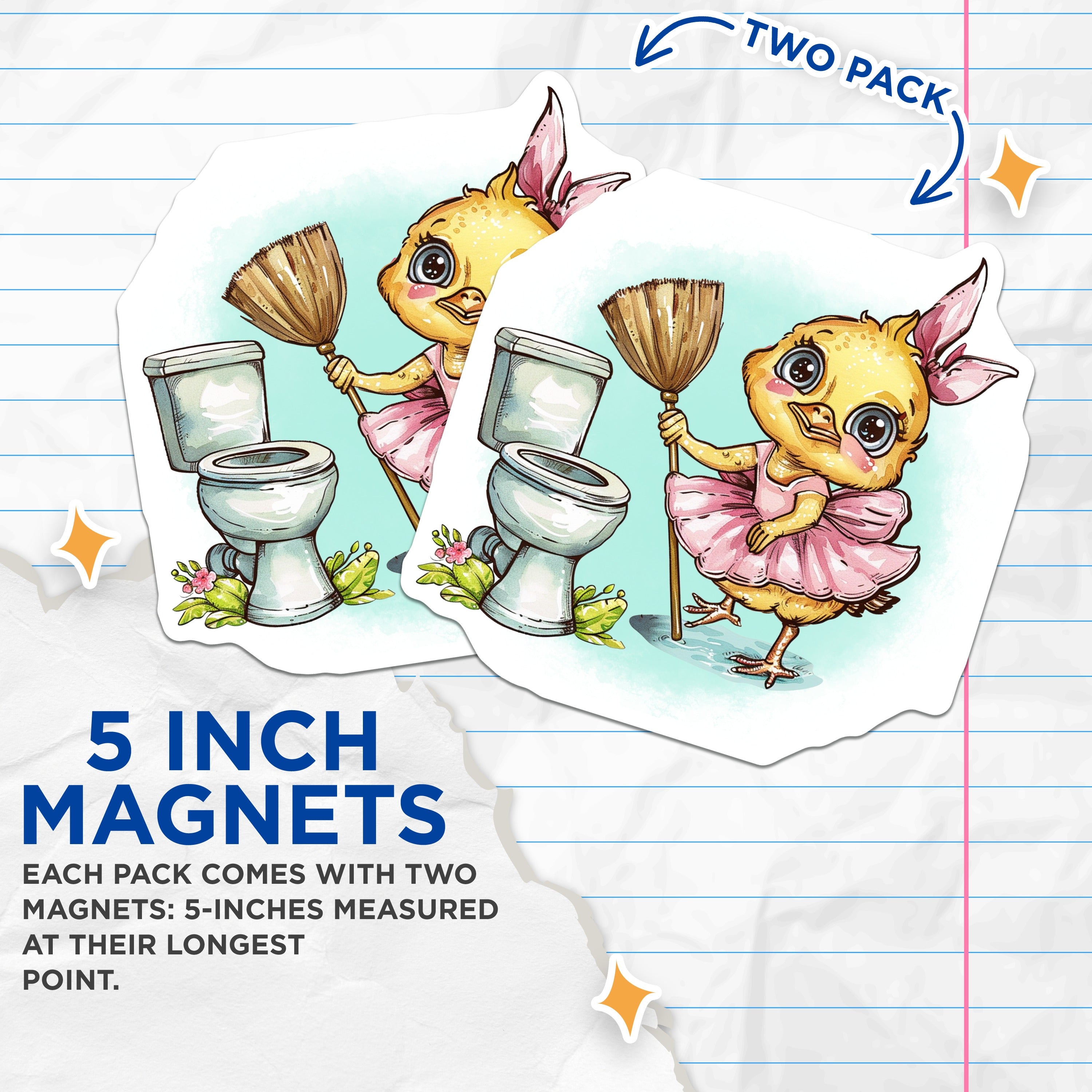 (2 Pack) Cute Chick Magnets - Ballerina Duckling Bathroom - Funny Cleaning Humor Decor - 5 Inches On Longest Side - Thick Durable Magnet - Made in USA - MAG36876