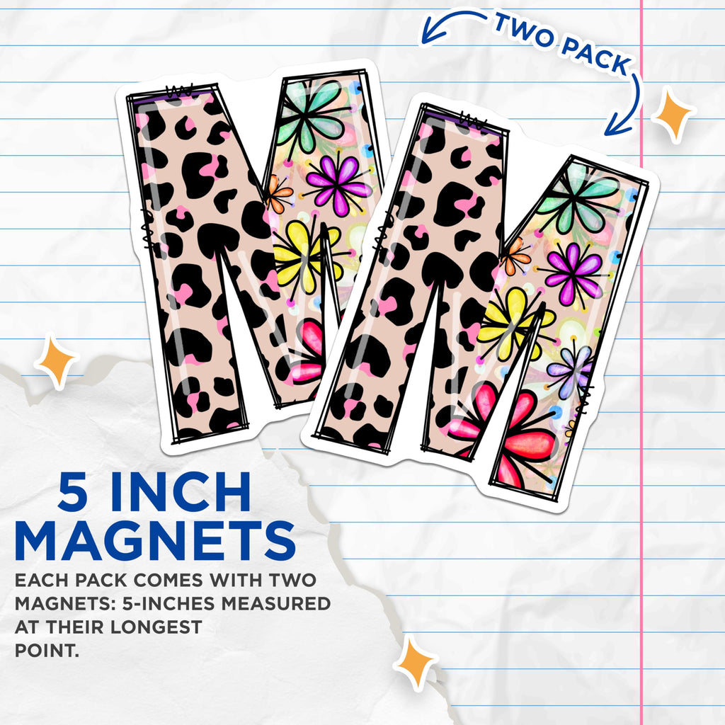(2 Pack) Letter M Magnets - Floral Leopard Print - Initial M Fridge Locker Decor - 5" On Longest Side - Premium Magnet - for Cars, Refrigerators, Toolboxes, Lockers - Made in USA - MAG15794