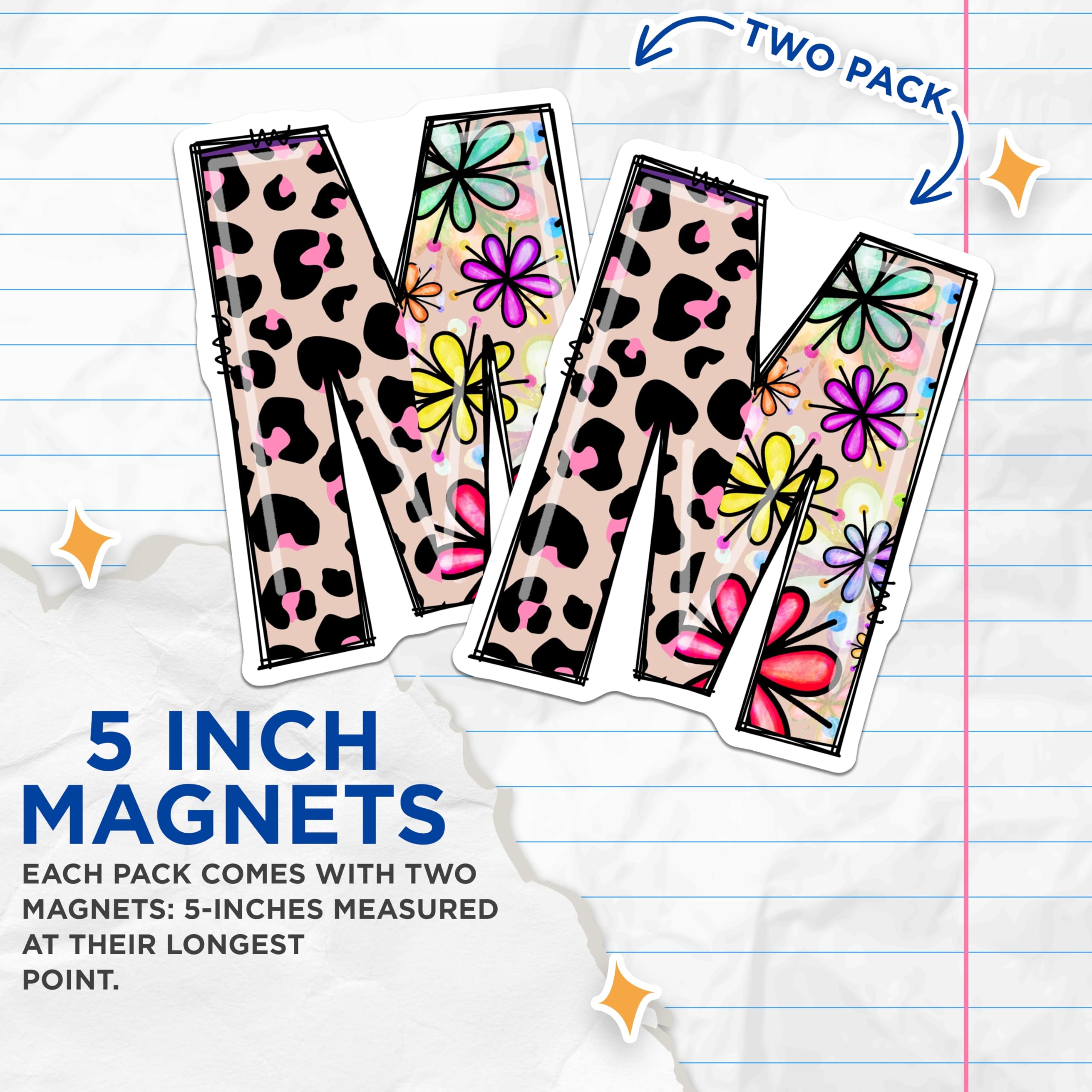 (2 Pack) Letter M Magnets - Floral Leopard Print - Initial M Fridge Locker Decor - 5" On Longest Side - Premium Magnet - for Cars, Refrigerators, Toolboxes, Lockers - Made in USA - MAG15794