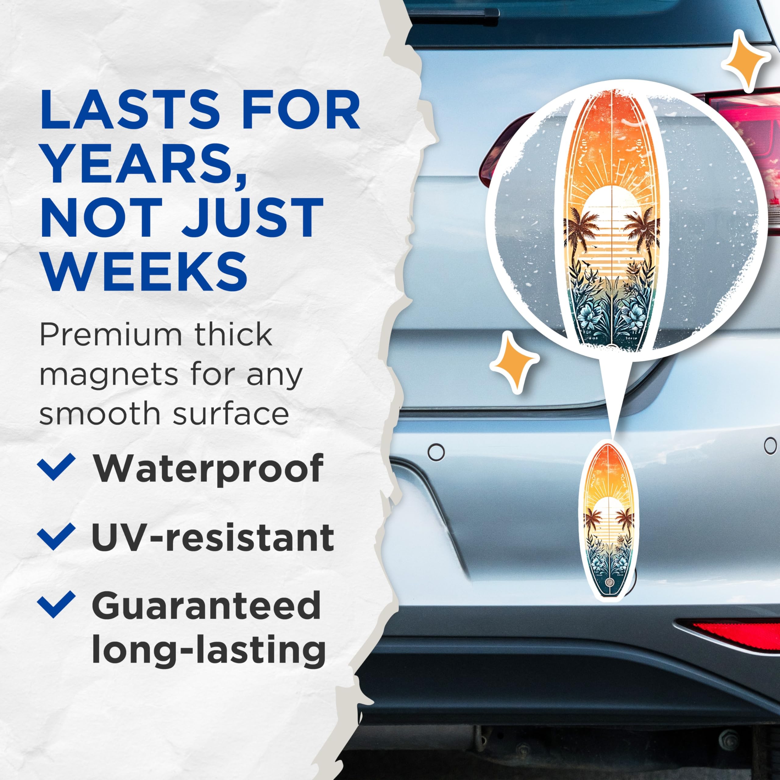 (2 Pack) Surfboard Beach Magnets - Sunset Palm Tree Decor - Summer Vacation Fridge Magnets - 5" On Longest Side - Premium Magnet - for Cars, Refrigerators, Toolboxes, Lockers - Made in USA - MAG15204