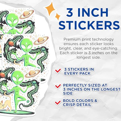 (3 Pack) Alien Yoga Decals - Cat Stretching - Planets and Stars Space Decals - 3 Inches On Longest Side - Easy Peel & Apply - Made in USA - 3MCS0942