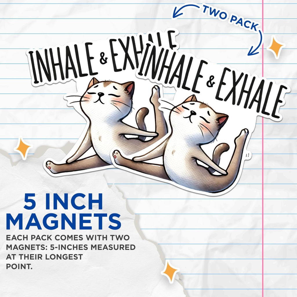 (2 Packs) Inhale & Exhale Cat Doing Yoga Stretching Magnets - Funny Cute Cat Yogi Yoga Magnets - 5 Inches On Longest Side - Premium Magnet - for Fridges, Toolboxes, Cars - Made in USA - MAG2414