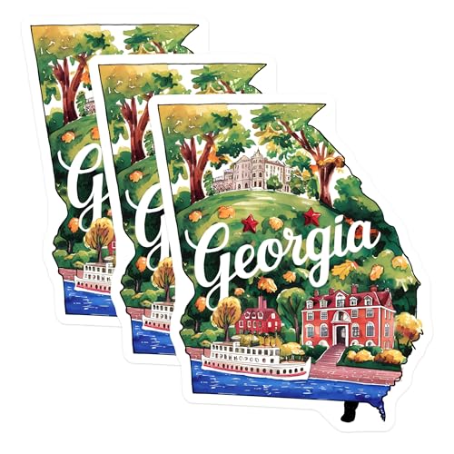 (3 Pack) Georgia State Decals - Watercolor Art - Travel Souvenir- 3 Inches On Longest Side - Easy Peel & Apply - Made in USA - 3MCS5061