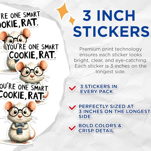 (3 Pack) Smart Cookie Rat Decals - Cute Animal Stickers - Laptop Decal - 3 Inches On Longest Side - Easy Peel & Apply - Made in USA - 3MCS1478