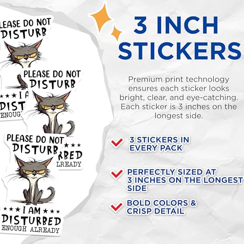 (3 Pack) Grumpy Cat Decals - Funny Sarcastic Cat - Do Not Disturb Decal - 3 Inches On Longest Side - Easy Peel & Apply - Made in USA - 3MCS6494