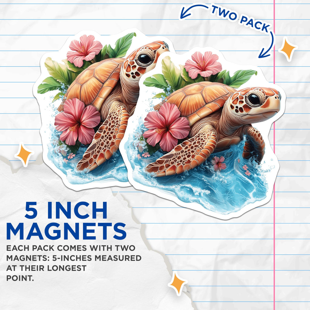 (2 Pack) Sea Turtle Magnets - Vibrant Tropical Hibiscus Ocean Waves Art - Coastal Decor Refrigerator Magnetic Accent - 5 Inches On Longest Side - Thick Durable Magnet - Made in USA - MAG19506