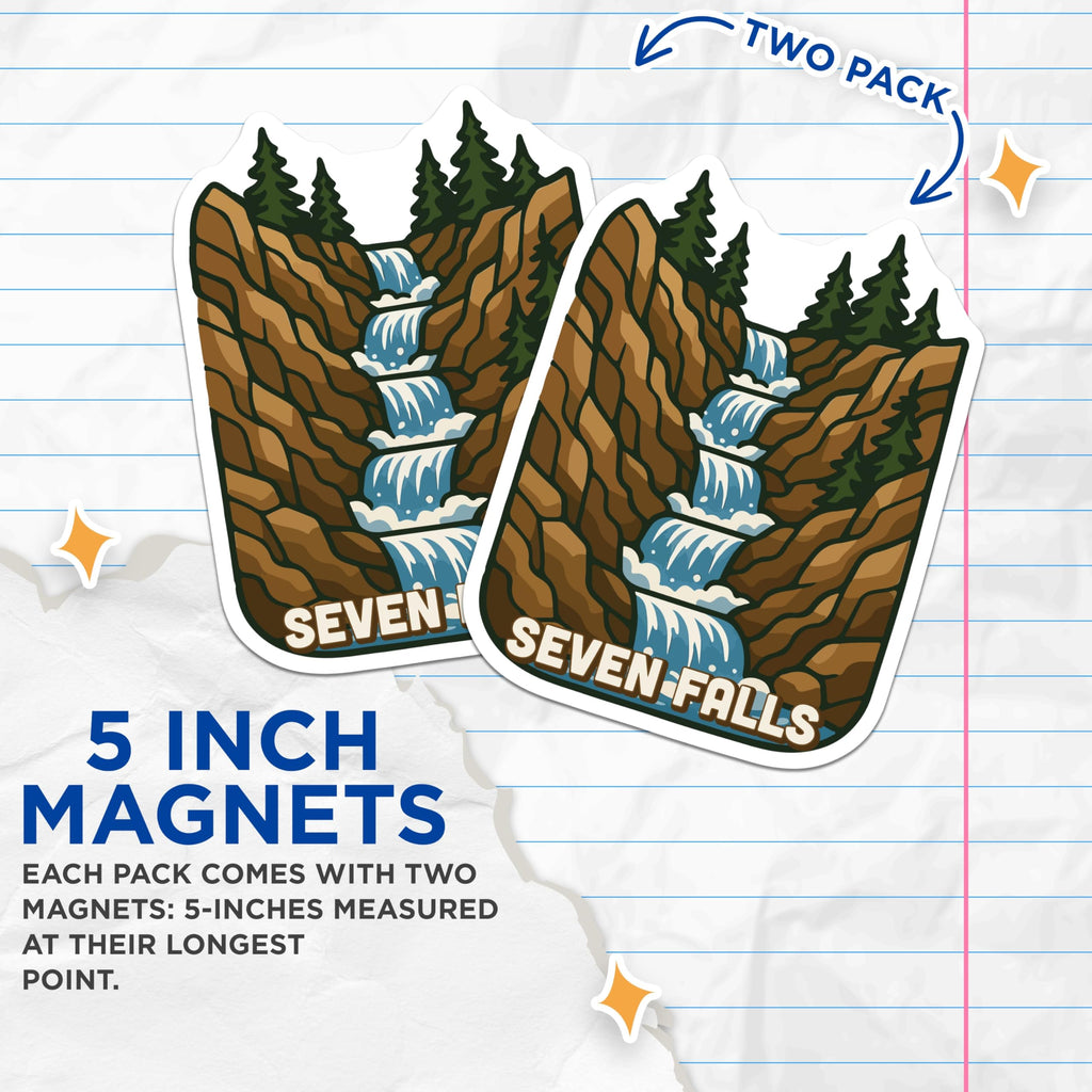 (2 Pack) Seven Falls Magnets - Colorado Waterfall Scenery - Mountain Landscape Decor - 5 Inches On Longest Side - Thick Durable Magnet - Made in USA - MAG19939