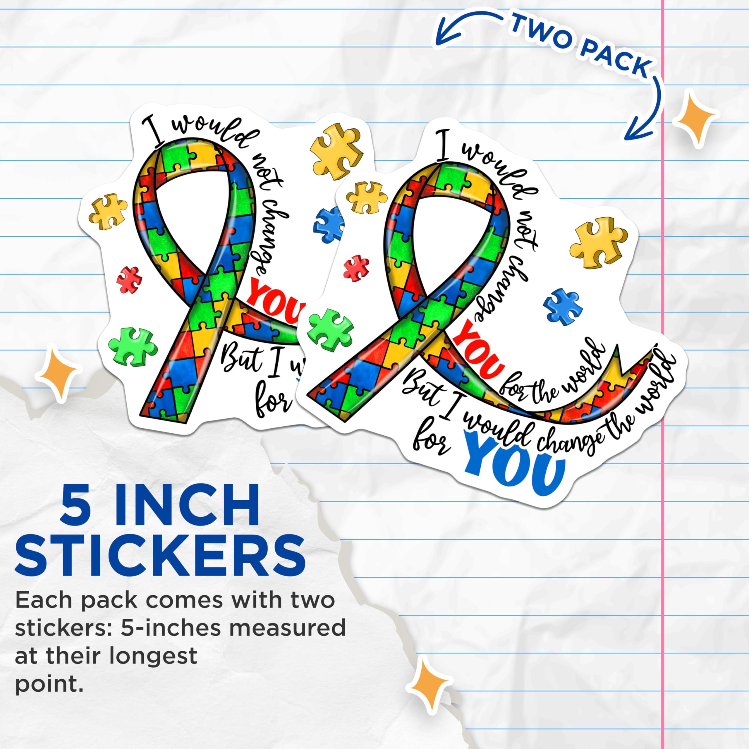 (2 Pack) Autism Awareness Stickers - Puzzle Piece Ribbon - Inspirational Quote - 5" On Longest Side - Sticks to Smooth Flat Surfaces - Made in USA - BMCS9176