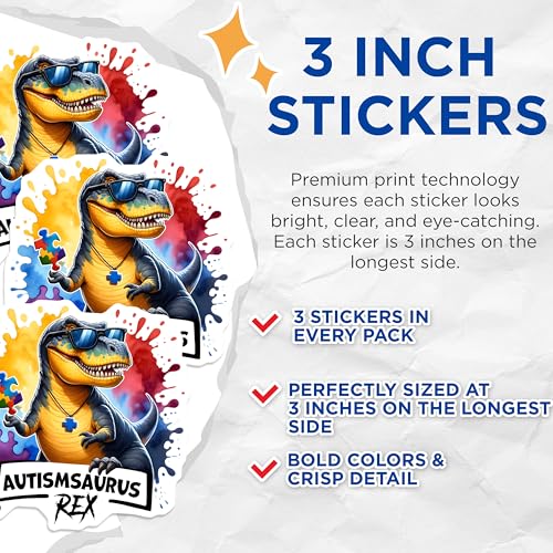 (3 Pack) Autism Awareness Decals - Autism Rex Dinosaur - Puzzle Piece Decals - 3 Inches On Longest Side - Easy Peel & Apply - Made in USA - 3MCS6889