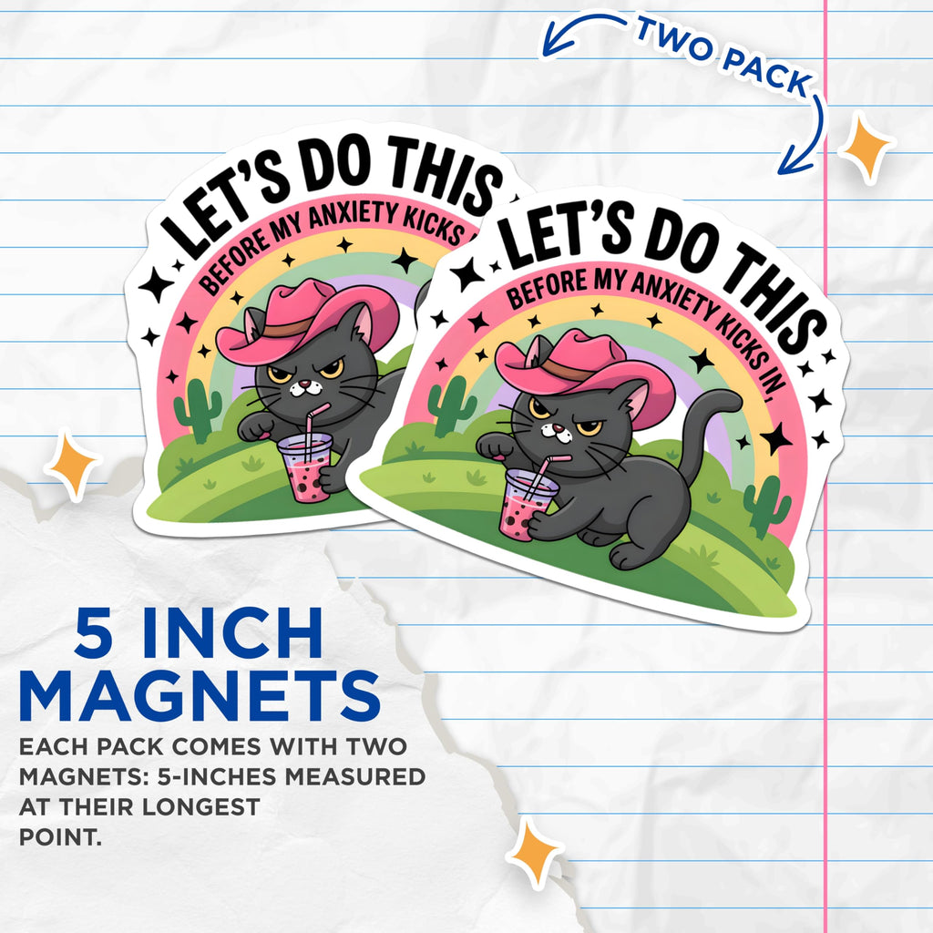 (2 Pack) Anxious Cat Magnets - Grumpy Kitty Boba Tea Decor - Funny Mental Health Meme - Cowboy Hat Animal Art - 5 Inches On Longest Side - Thick Durable Magnet - Made in USA - MAG21867