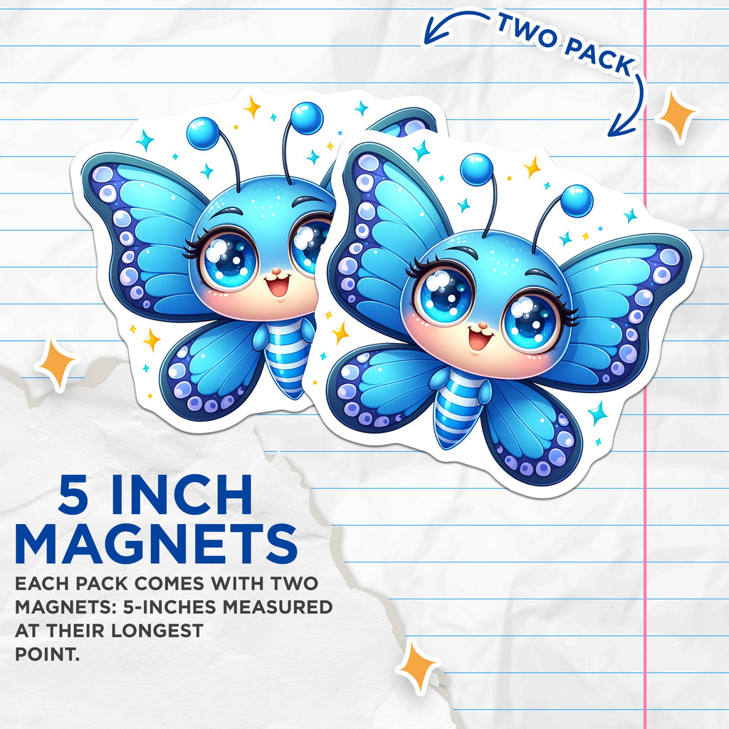 (2 Pack) Cute Blue Butterfly Magnets - Kawaii Animal Fridge Decor - Whimsical Locker Art for Kids Room - 5 Inches On Longest Side - Thick Durable Magnet - Made in USA - MAG36179