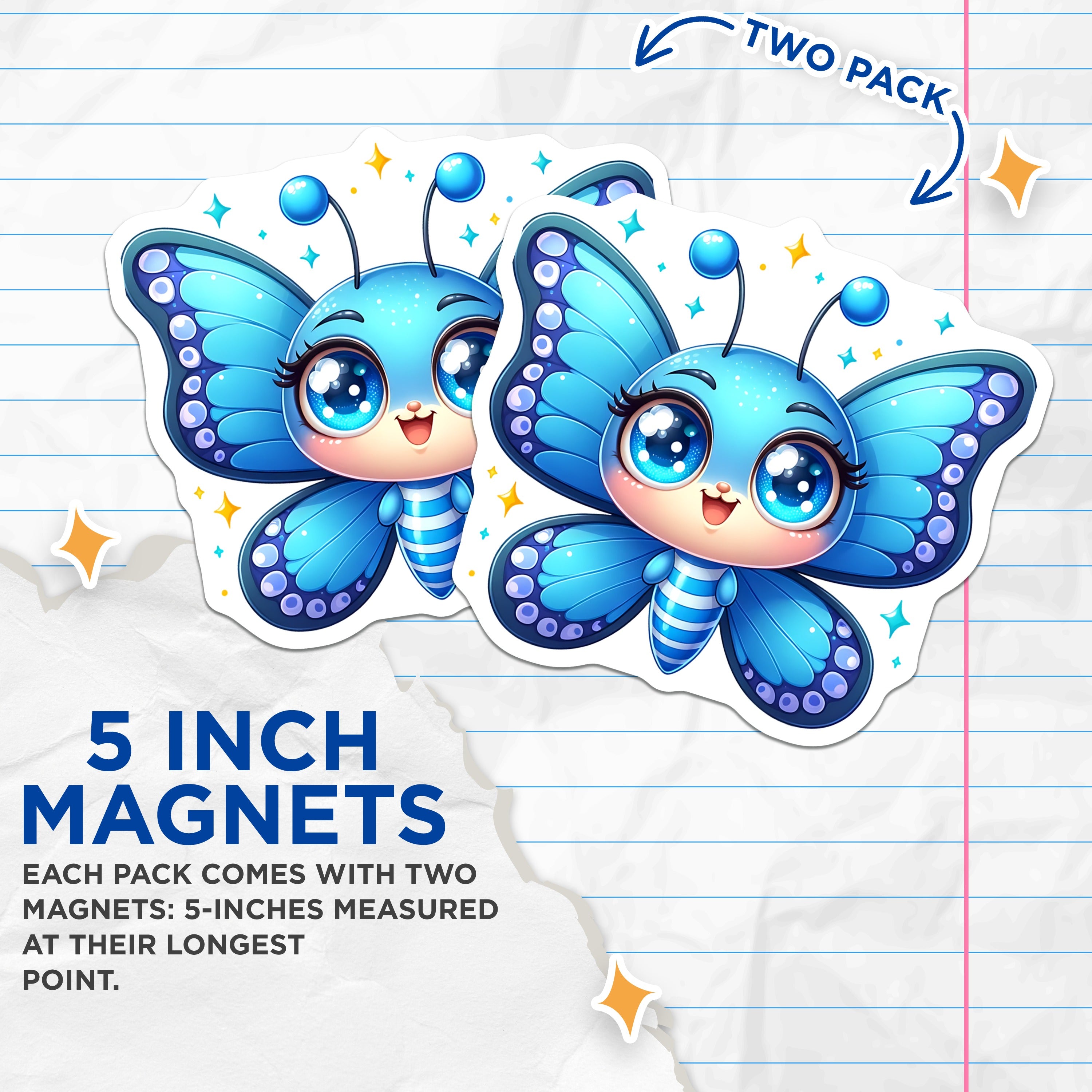 (2 Pack) Cute Blue Butterfly Magnets - Kawaii Animal Fridge Decor - Whimsical Locker Art for Kids Room - 5 Inches On Longest Side - Thick Durable Magnet - Made in USA - MAG36179