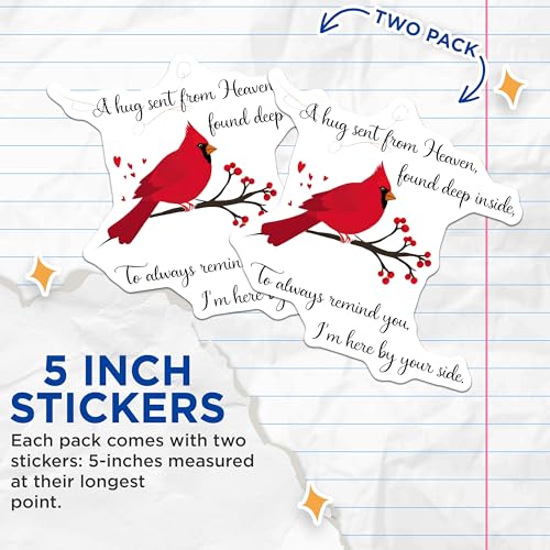 (2 Pack) Cardinal Bird Stickers - Inspirational Quote - Sentimental Red Cardinal Decal - 5" On Longest Side - Sticks to Smooth Flat Surfaces - Made in USA - BMCS7290