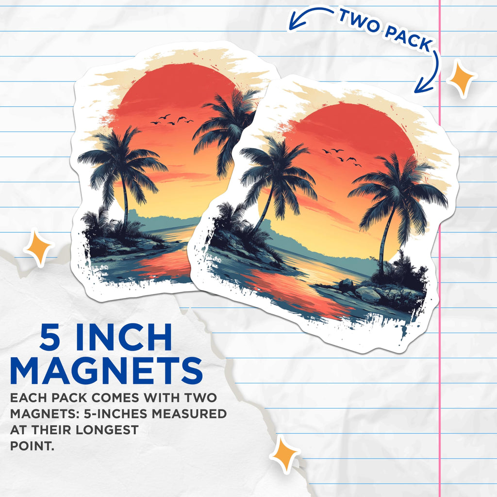 (2 Pack) Tropical Sunset Magnets - Palm Trees Beach Scenery - Ocean Horizon Paradise Island View Travel Artwork - 5 Inches On Longest Side - Thick Durable Magnet - Made in USA - MAG24029
