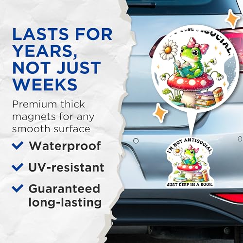 (2 Pack) I'm Not Antisocial Magnets - Cute Frog Reading - Book Lover Decor - 5" On Longest Side - for Cars, Fridges, Toolboxes - Made in USA - MAG7619