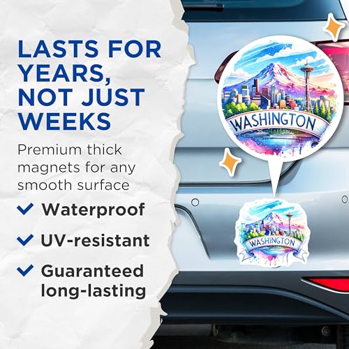 (2 Pack) Washington State Skyline Magnets - Seattle Cityscape - Pacific Northwest Scenery - 5" On Longest Side - for Cars, Fridges, Toolboxes - Made in USA - MAG7268