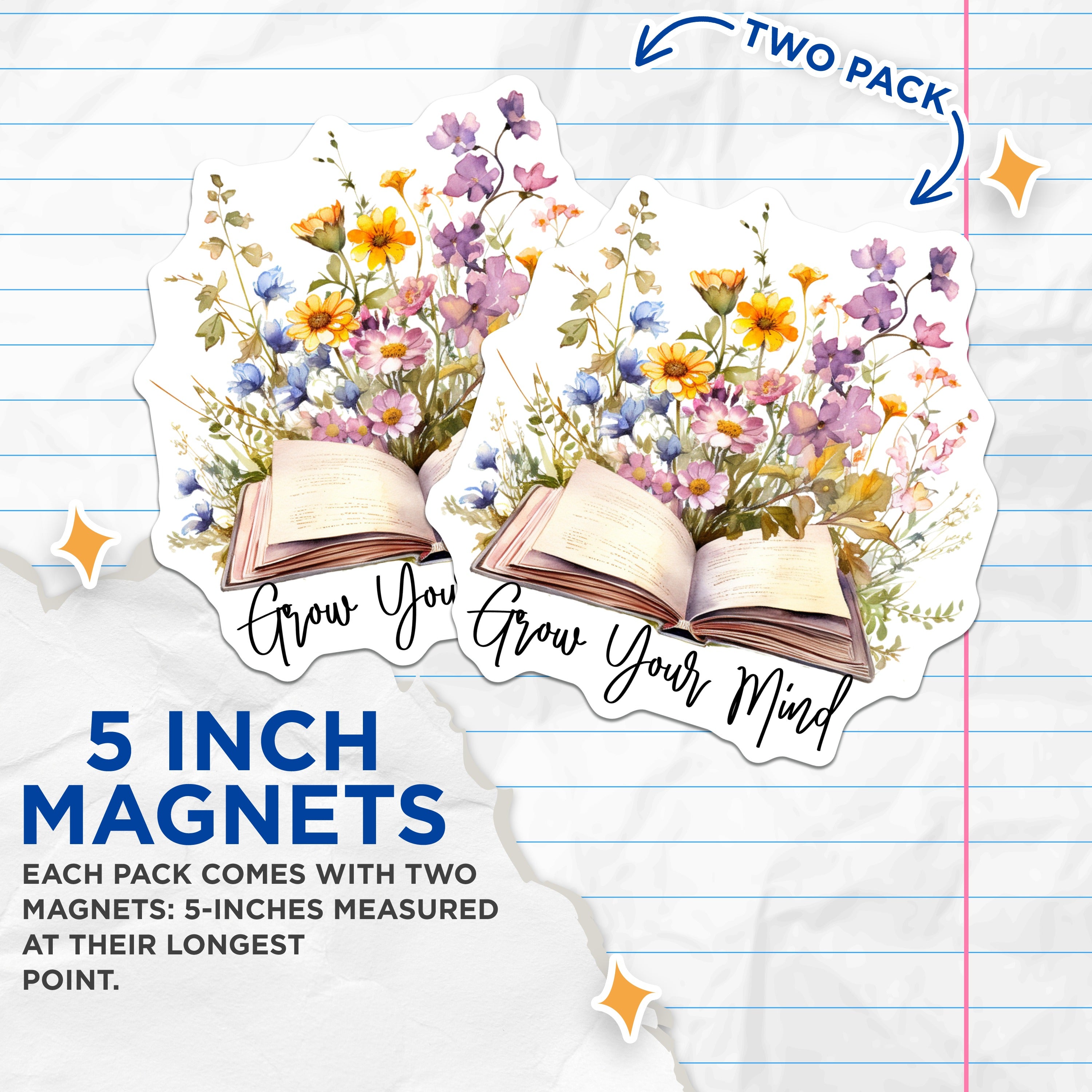 (2 Pack) Grow Your Mind Magnets - Bookish Floral Watercolor - Reader Teacher Librarian Student - 5 Inches On Longest Side - Thick Durable Magnet - Made in USA - MAG39297