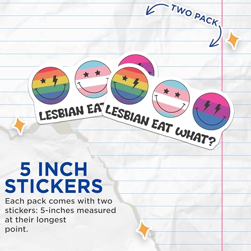 (2 Pack) Lesbian Eat What Stickers - Pride Smiley Face Stickers - LGBTQ Funny Stickers - 5" On Longest Side - Sticks to Smooth Flat Surfaces - Made in USA - BMCS6560