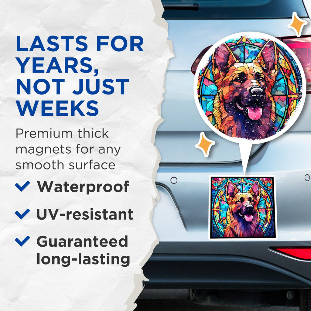 (2 Pack) German Shepherd Magnets - Stained Glass Style - Dog Breed Home Decor - 5" On Longest Side - Premium Magnet - for Cars, Refrigerators, Toolboxes, Lockers - Made in USA - MAG14214