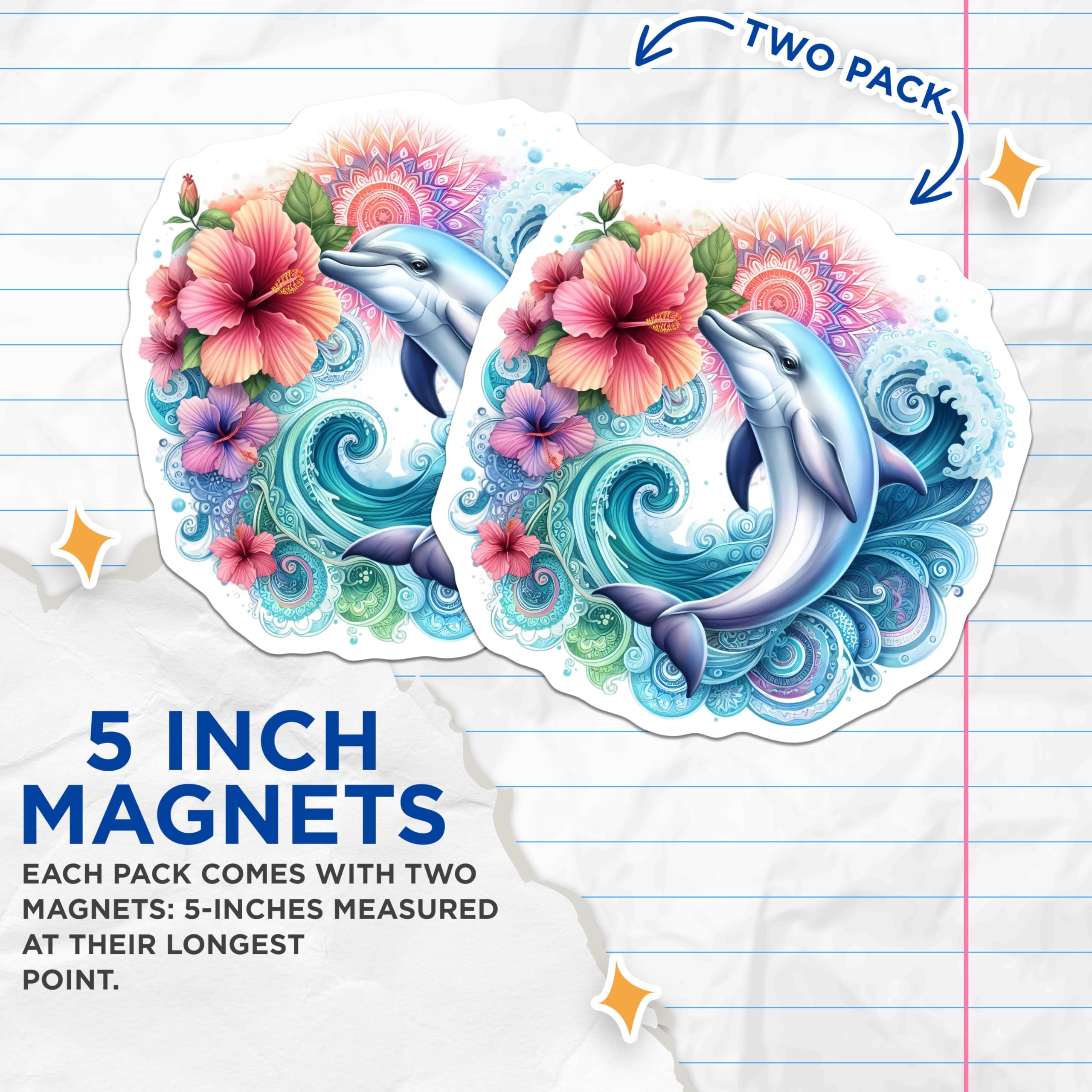 (2 Pack) Ocean Life Magnet - Sea Creatures - Beach Decor - Coastal Theme - Hibiscus Flower - Vibrant Colors - 5" On Longest Side - Sticks to Smooth Flat Surfaces - Made in USA - MAG9490