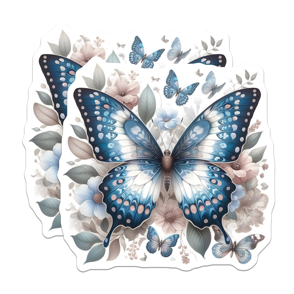 (2 Pack) Blue Butterfly Stickers - Floral Butterflies - Pretty Stickers- 5" On Longest Side - Sticks to Smooth Flat Surfaces - Made in USA - BMCS16133