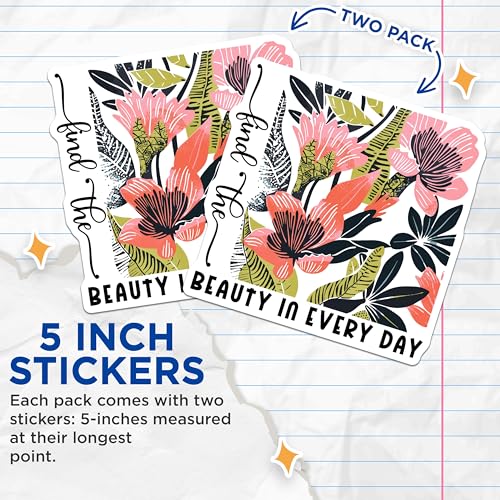 (2 Pack) Find The Beauty in Every Day Stickers - Inspirational Floral Stickers - Motivational Quotes Stickers - 5" On Longest Side - Sticks to Smooth Flat Surfaces - Made in USA - BMCS3866