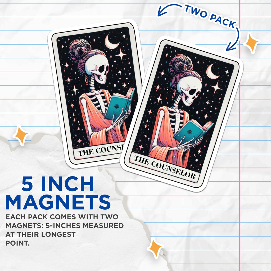 (2 Pack) Skeleton Counselor Magnets - Tarot Inspired Art - Mystical Reading Decor - Cosmic Skeleton Fridge Magnets - 5 Inches On Longest Side - Thick Durable Magnet - Made in USA - MAG22740