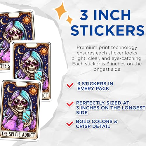 (3 Pack) Selfie Addict Decals - Skeleton Taking Photo - Funny Laptop Decal - 3 Inches On Longest Side - Easy Peel & Apply - Made in USA - 3MCS4263