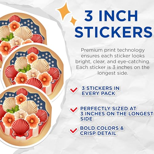 (3 Pack) Seashell Floral Decals - Patriotic American Flag Decal - Laptop Decals - 3 Inches On Longest Side - Easy Peel & Apply - Made in USA - 3MCS7751