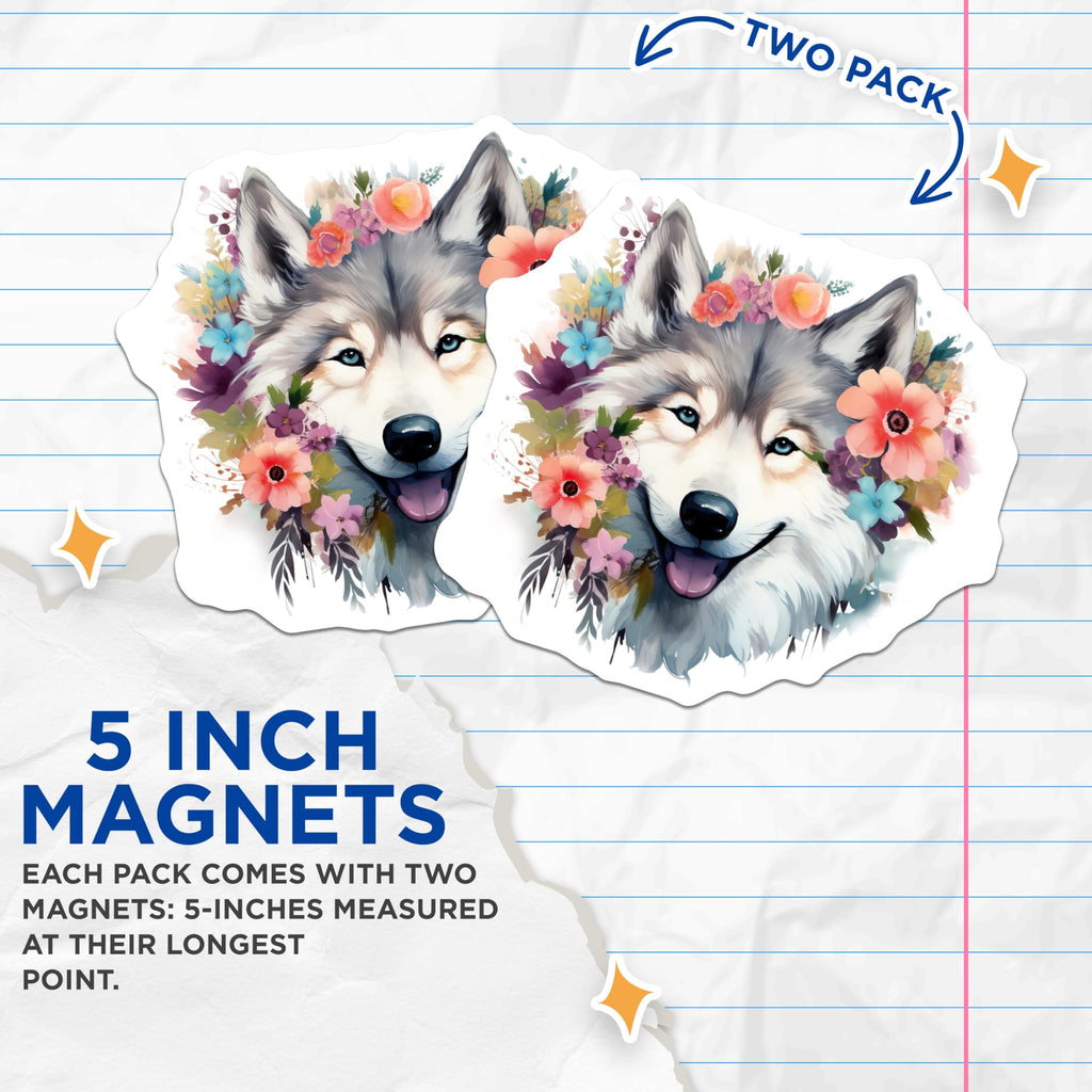 (2 Pack) Floral Husky Magnets - Boho Dog Decor - Whimsical Animal Art - 5 Inches On Longest Side - Thick Durable Magnet - Made in USA - MAG26743