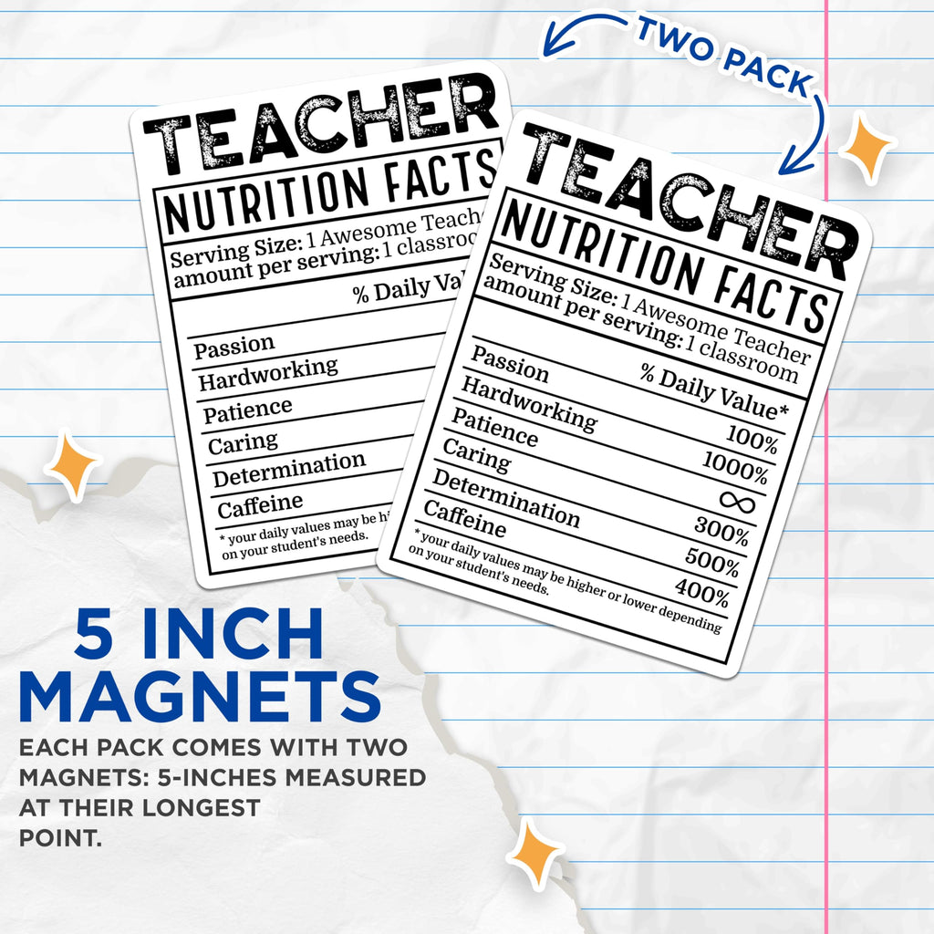 (2 Pack) Teacher Nutrition Facts Magnets - Educator Humor - Classroom Decor - 5" On Longest Side - Premium Magnet - for Cars, Refrigerators, Toolboxes, Lockers - Made in USA - MAG15517