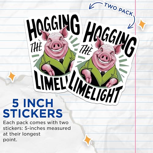 (2 Pack) Hogging The Limelight Stickers - Funny Pig Stickers - Unique Animal Stickers - 5" On Longest Side - Sticks to Smooth Flat Surfaces - Made in USA - BMCS4233