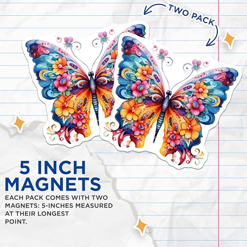 (2 Pack) Butterfly Flower Magnets - Colorful Butterfly Magnets - Ative Magnet for Fridge - Nature-Inspired Magnets - 5" On Longest Side - for Cars, Fridges, Toolboxes - Made in USA - MAG3712