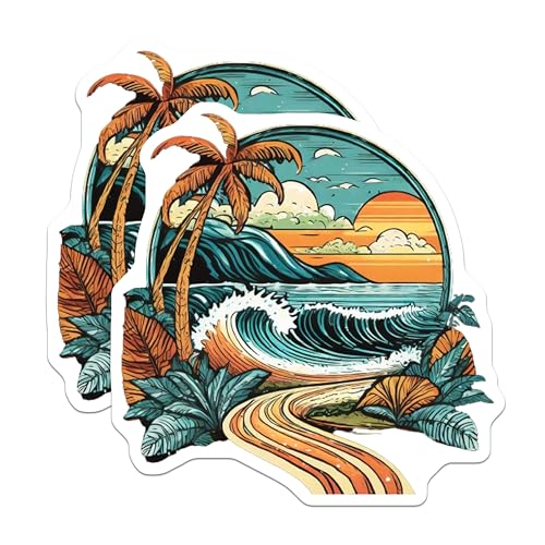 (2 Pack) Tropical Beach Sunset Stickers - Waves and Palms Decal - 5" On Longest Side - Sticks to Smooth Flat Surfaces - Made in USA - BMCS9251 - BMCS9251