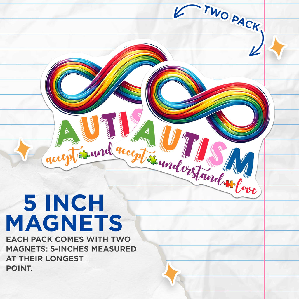 (2 Pack) Autism Awareness Magnets - Accept Understand Love Magnets - Rainbow Infinity Symbol Magnets - 5" On Longest Side - for Cars, Refrigerators, Toolboxes, Lockers - Made in USA BMCS3208