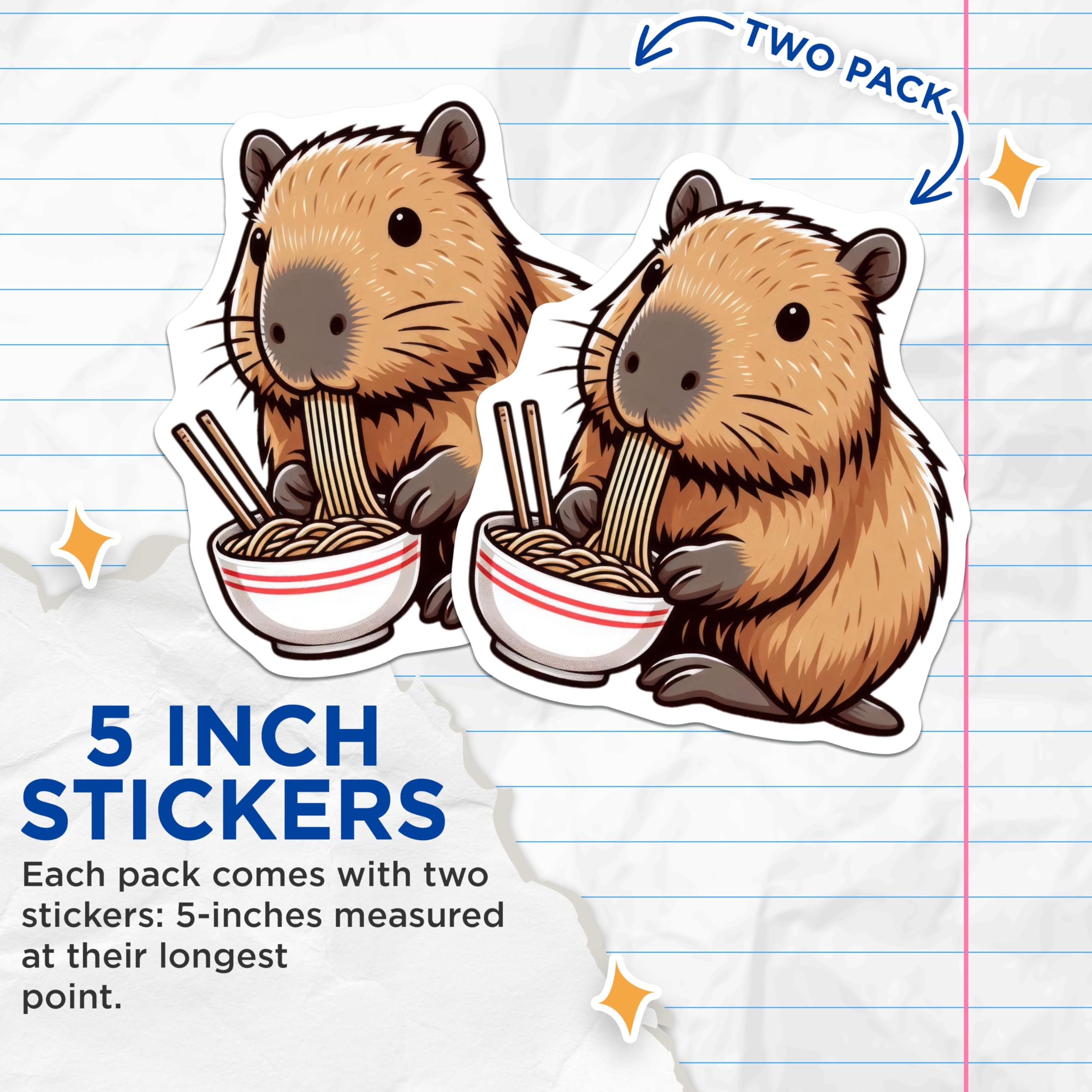 (2 Pack) Cute Capybara Eating Noodles Stickers - Animal Food Sticker - Kawaii Capybara Art - 5" On Longest Side - Sticks to Smooth Flat Surfaces - Made in USA - BMCS9919