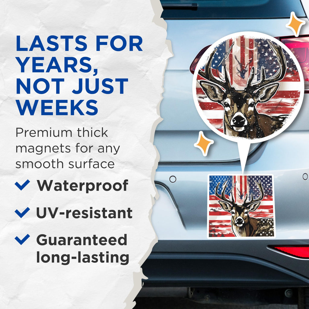 (2 Pack) Patriotic Deer Magnets - USA Flag Wildlife Art - Buck Hunting Enthusiast Decor - Nature Lover Refrigerator Accessory - 5 Inches On Longest Side - Thick Durable Magnet - Made in USA - MAG19564