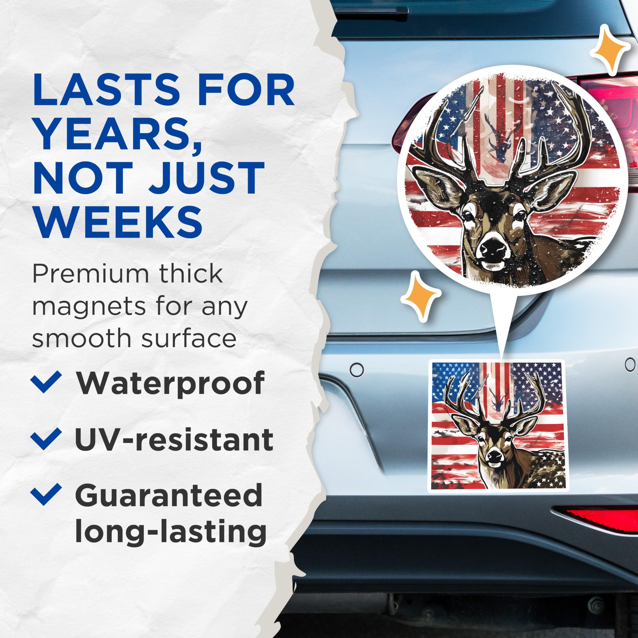 (2 Pack) Patriotic Deer Magnets - USA Flag Wildlife Art - Buck Hunting Enthusiast Decor - Nature Lover Refrigerator Accessory - 5 Inches On Longest Side - Thick Durable Magnet - Made in USA - MAG19564